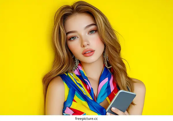 Young Caucasian Woman Holding Phone Fashionable Style