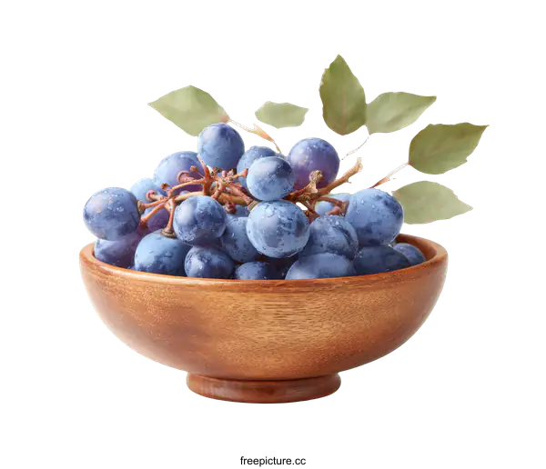 [Transparent Background PNG]Fresh Blue Grapes in Wooden Bowl