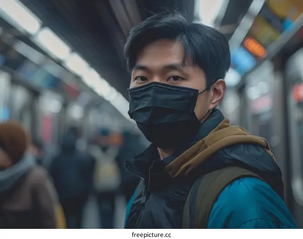 Asian man wearing a mask on a subway platform