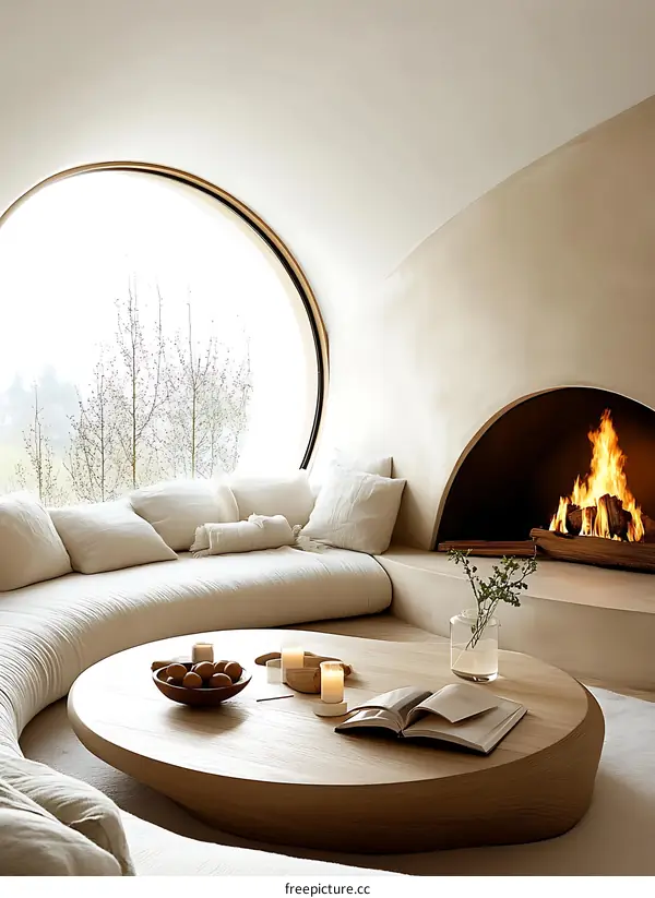 Modern Minimalist Living Room with Circular Sofa and Coffee Table