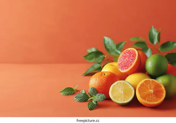 Vibrant Citrus Fruits Display on Coral Background
