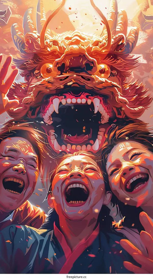 A group of people celebrating Chinese New Year with a traditional lion dance.