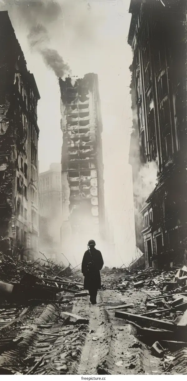 A soldier walking through the ruins of a city after an air raid