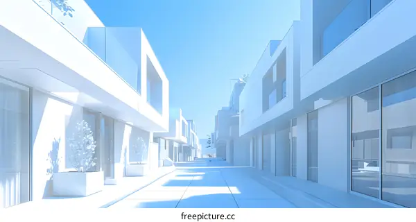 An illustration of a modern city street with white buildings and blue sky