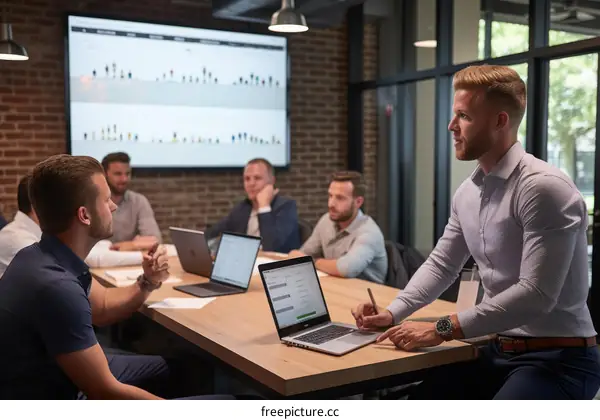 Business meeting in progress with five people in a conference room