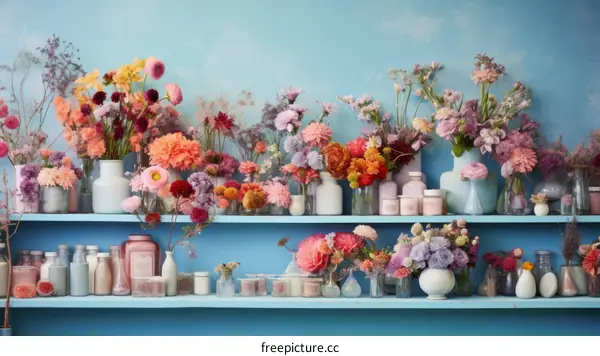 An Assortment of Colorful Flowers in Vases on a Blue Shelf