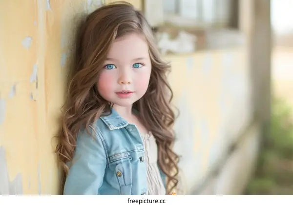 Portrait of a cute little girl with long brown hair and blue eyes wearing a jean jacket