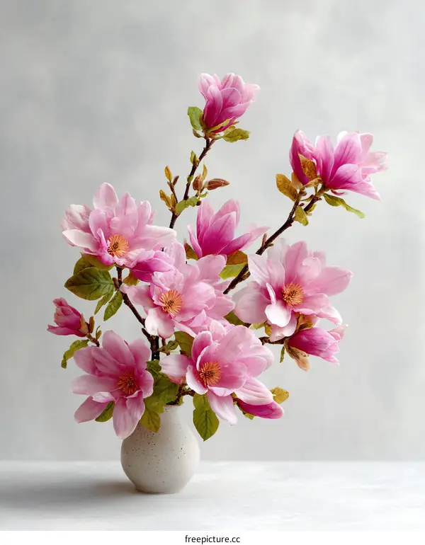 Pink Magnolia Blossoms in Vase