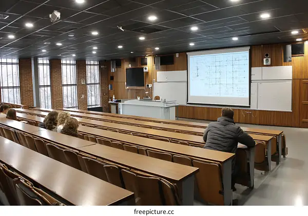 Large Lecture Hall with Students and Projector