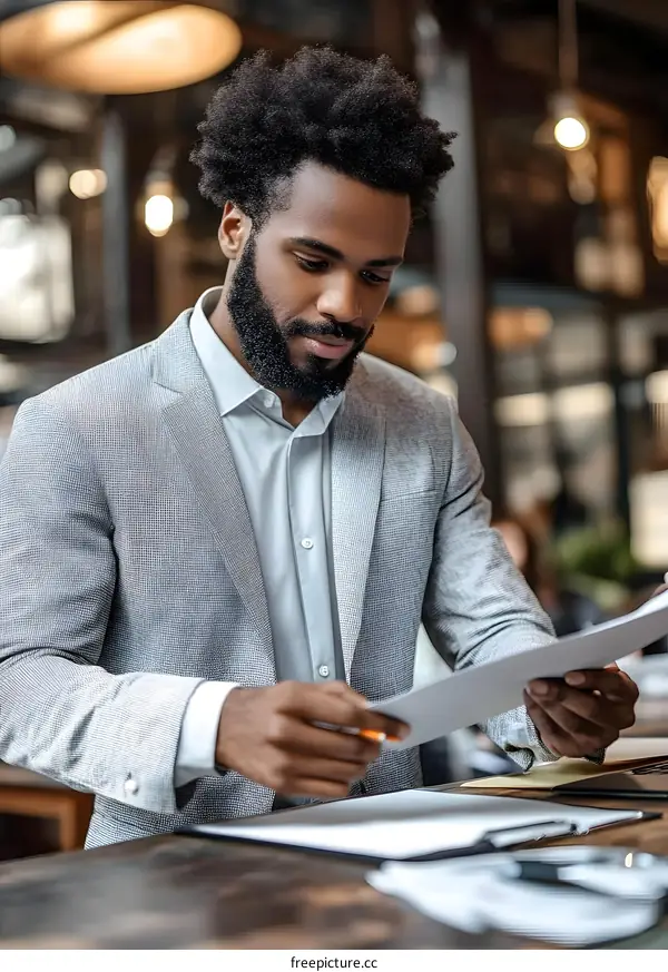 African American Businessman Working in a Cafe