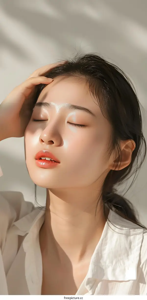 Beautiful Woman with Closed Eyes Posing in Sunlight