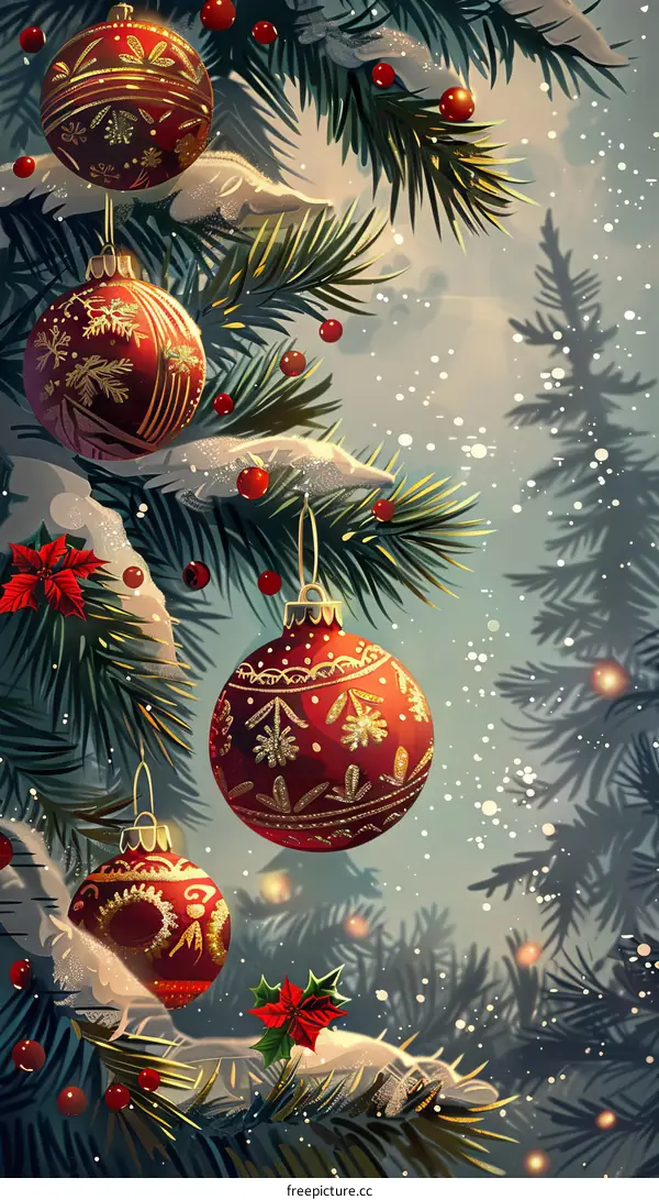 Sparkling Christmas Tree with Red, Gold, and Poinsettia Ornaments