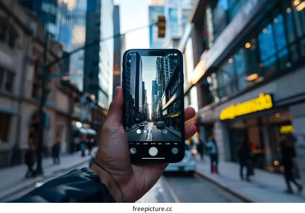 Hand Holding a Smartphone Capturing Cityscape with Skyscrapers