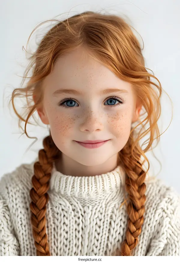 Portrait of a cute redheaded girl with freckles and blue eyes