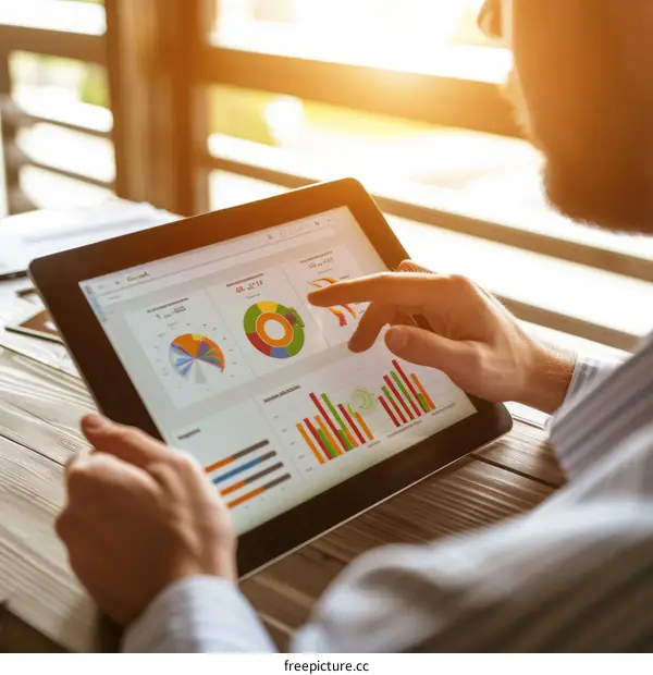 Businessman analyzing graphs and charts on a digital tablet
