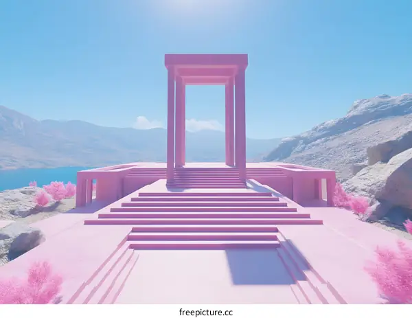 Pink Minimalist Architecture in Mountain Landscape