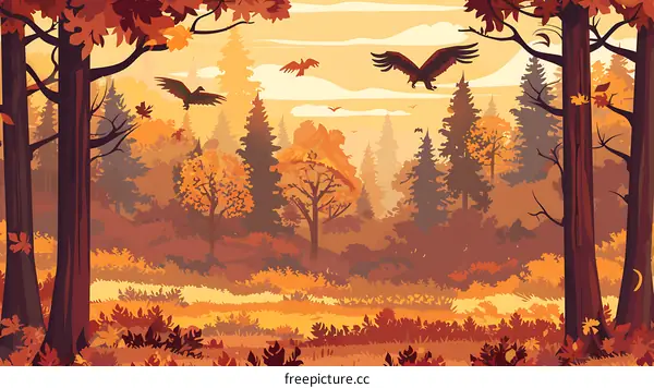 Autumn Forest Landscape Illustration with Birds
