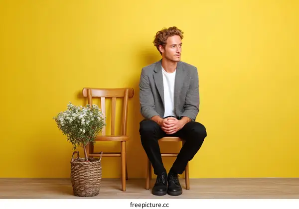 Man Sitting on Chair Against Yellow Background
