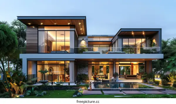 Modern Two-Story House with Pool and Garden