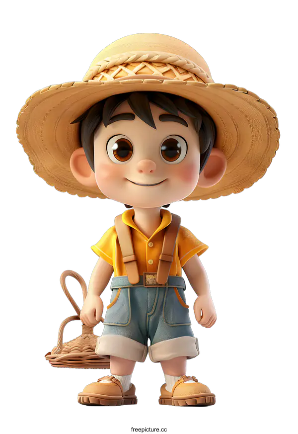 [Transparent Background PNG]Smiling Boy With Straw Hat and Basket