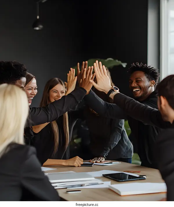 Diverse Group of Business Professionals Celebrating Success by High Fiving