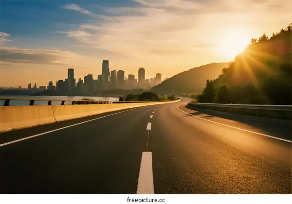 Sunset view of highway leading to city skyline with sun shining