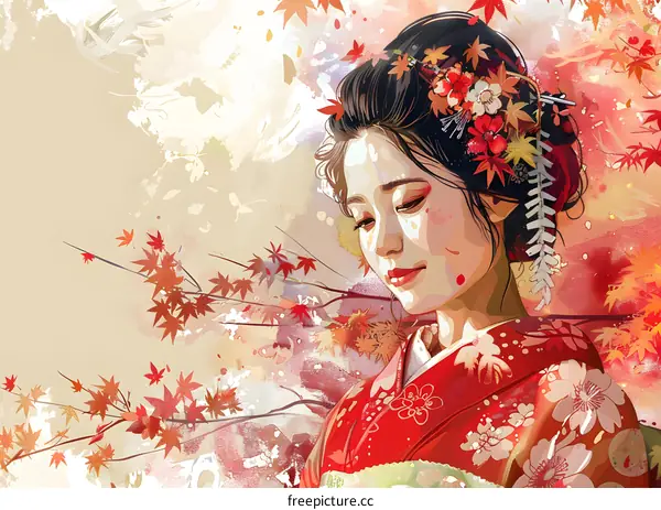 An illustration of a Japanese woman wearing a kimono with red maple leaves in her hair