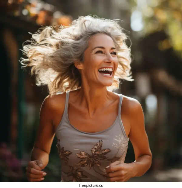 Laughing woman with blonde hair running in the park