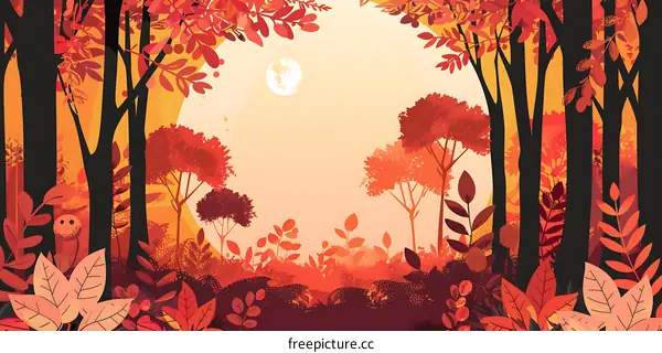 Autumn Forest With Moon Illustration