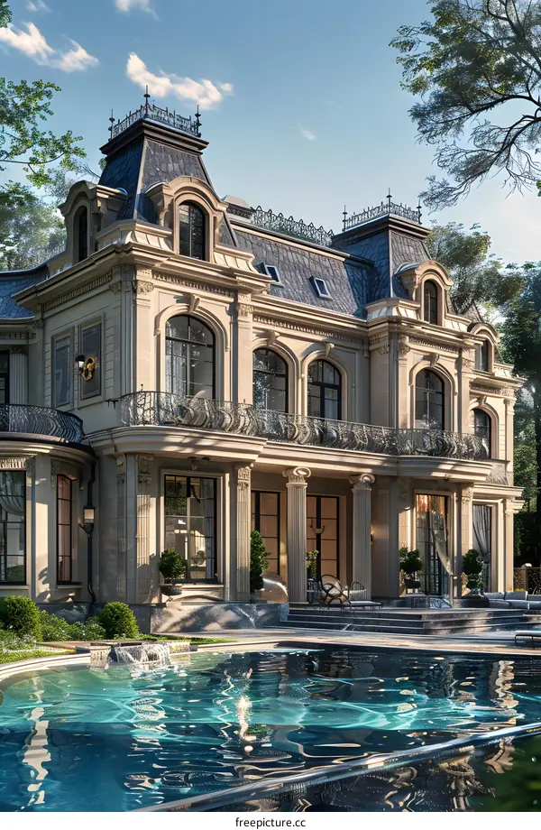 A luxurious mansion with a pool and a beautiful garden