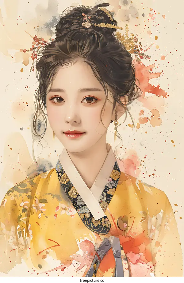Watercolor Illustration of a Woman in Traditional Korean Hanbok