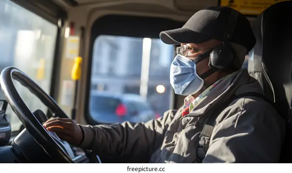 Black bus driver wearing a mask