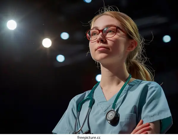 Portrait of a young female doctor wearing glasses and a stethoscope around her neck
