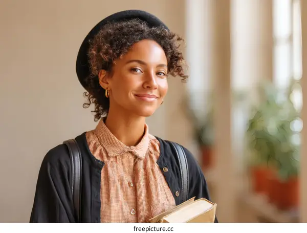 Smiling Young Black Woman Student Holding Book
