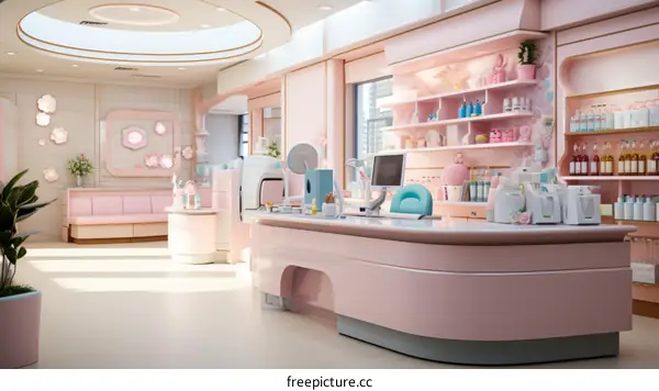 The interior of a modern pink pharmacy