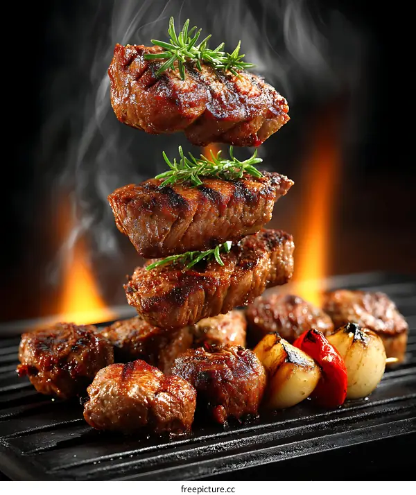 Delicious Grilled Meat and Vegetables on Hot Grill
