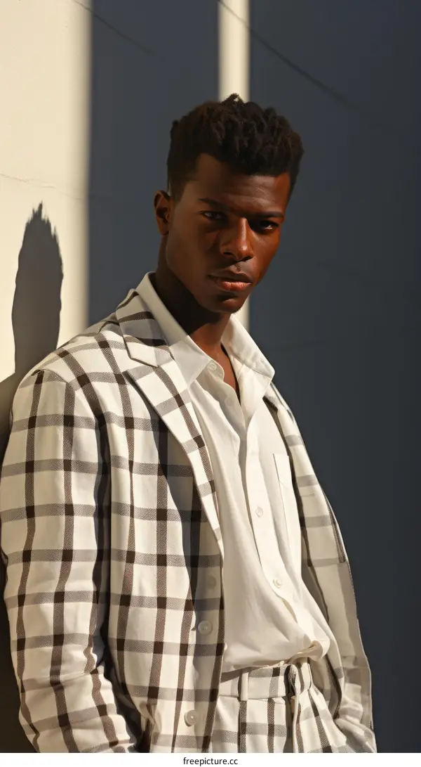 Black man in a suit standing against a wall