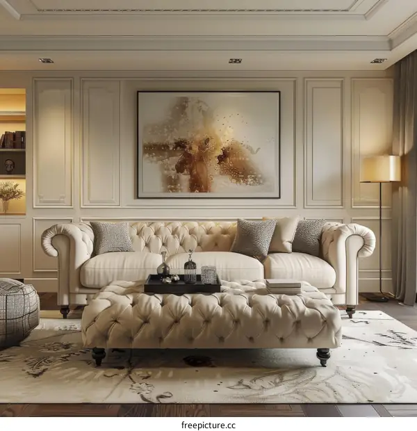 Modern beige living room interior with Chesterfield sofa and ottoman
