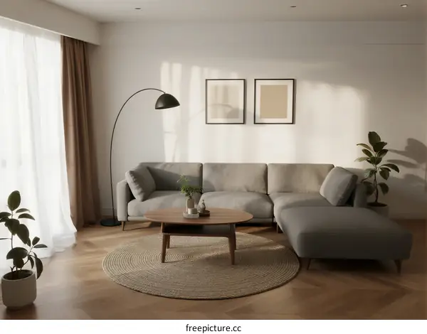 Modern Living Room with L-shaped Sofa and Round Coffee Table