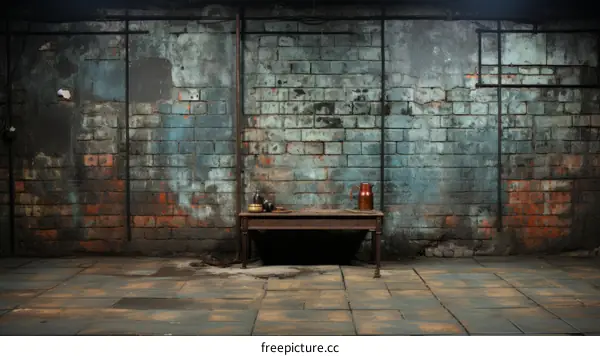 Wooden Table in a Dark Brick-Walled Room