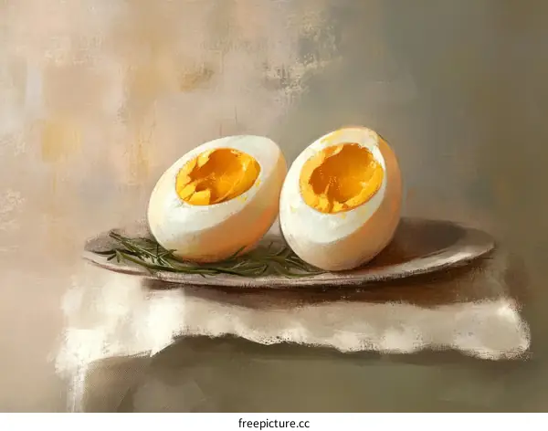 Still Life Painting of Halved Eggs on a Plate