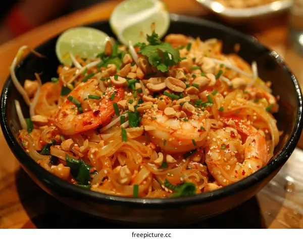 Pad Thai with shrimp, peanuts, lime and bean sprouts