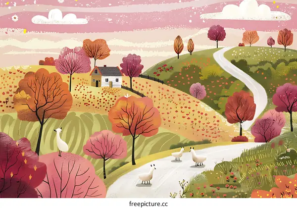 Autumn Landscape with a Winding Road and a Small Farmhouse