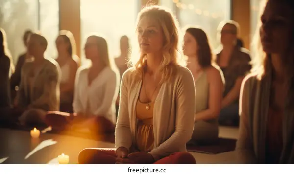 A group of women are sitting in a circle with their eyes closed and hands resting on their knees during a meditation session