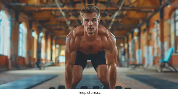 muscular man doing push ups on the floor in the gym