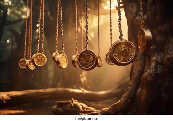 Golden Coins Hanging from Tree Branches in a Magical Forest