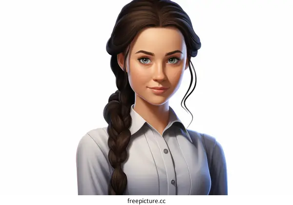 An illustration of a young woman with long brown hair and blue eyes wearing a white shirt