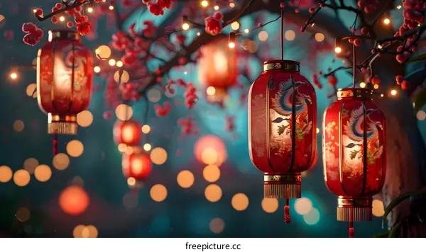 Red lanterns hanging from a tree in celebration of the Lantern Festival