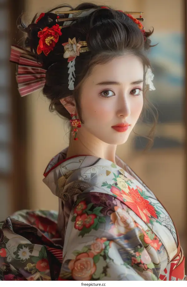 Portrait of a beautiful Japanese woman in traditional kimono