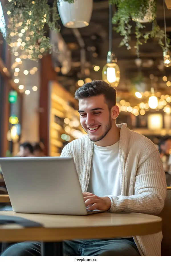 Smiling Man Using Laptop In Cafe